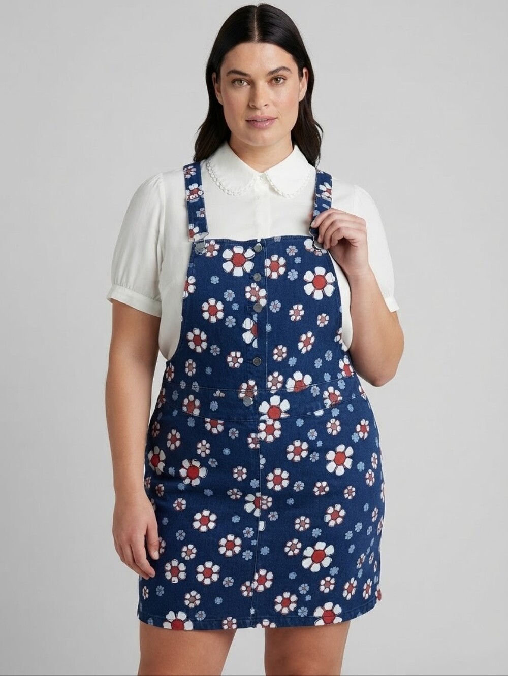 Modcloth Navy Floral Pinafore with Red-Centered Daisies
